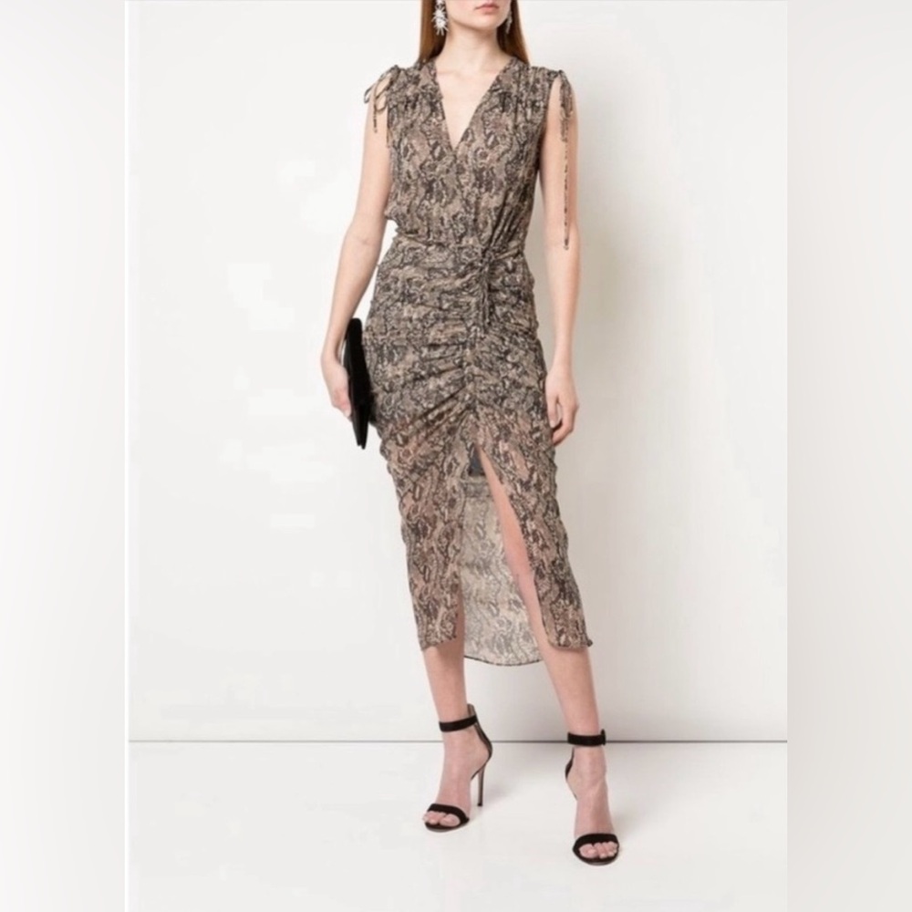 Veronica Beard Silk Dress Sheer Back, Ruching and Leg Split